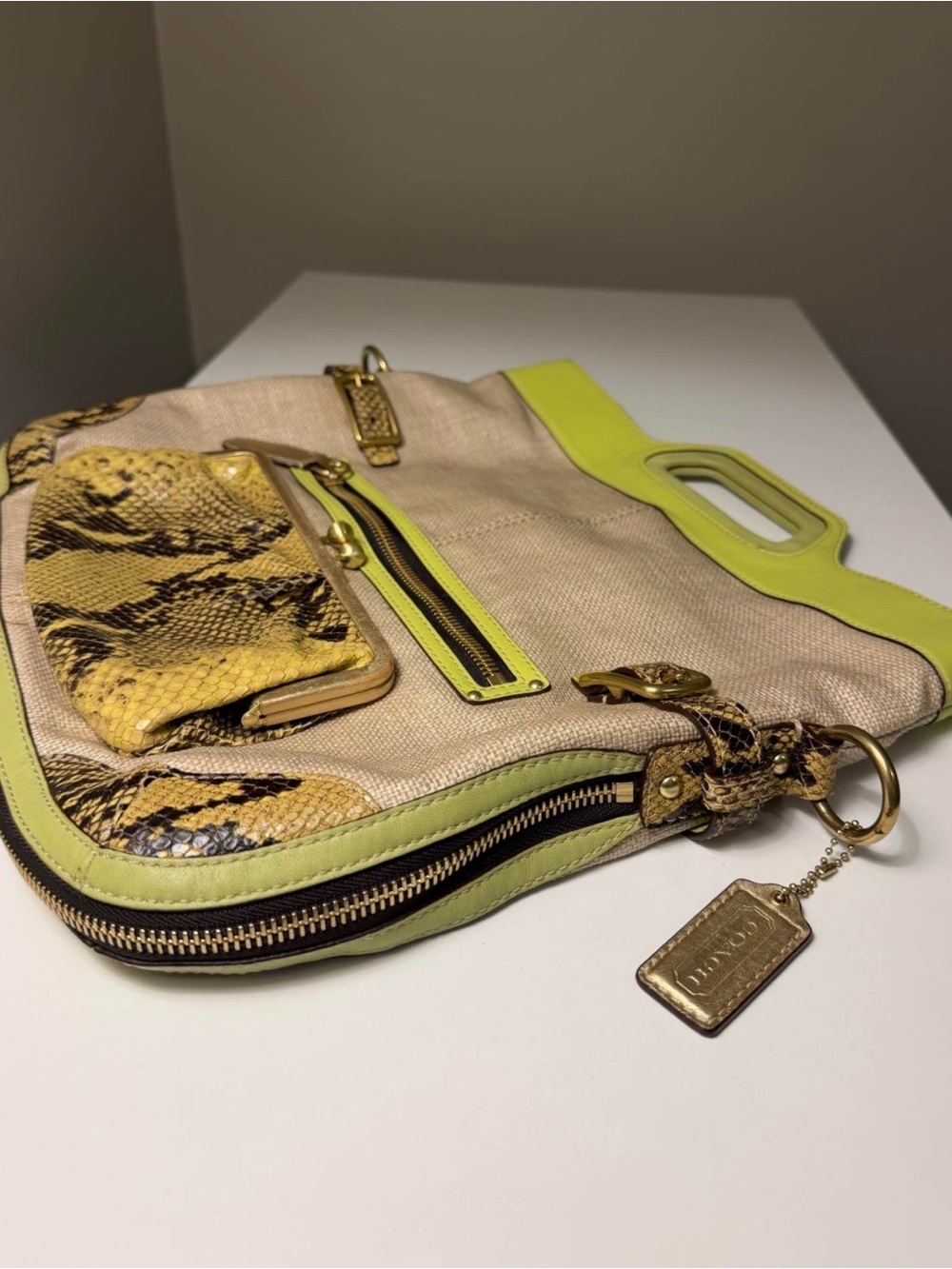 Coach Bonnie Straw & Python Leather Convertible Fold-Over Tote Bag 13400